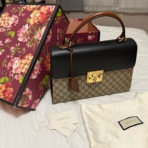Gucci Black and Brown Satchel with Gold Hardware